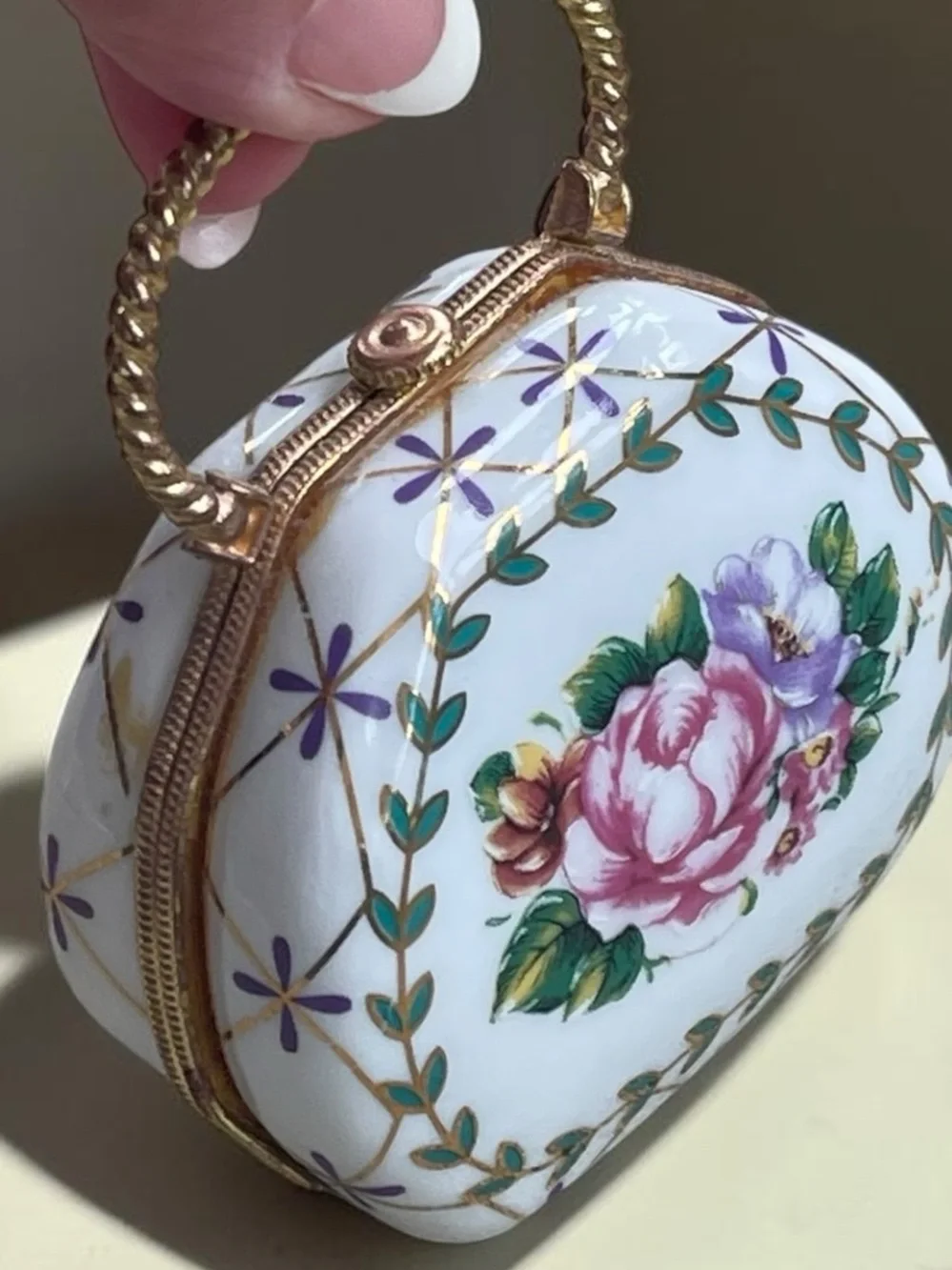 Vintage Floral Porcelain Purse Trinket Box Rose Hinged Keepsake Box
